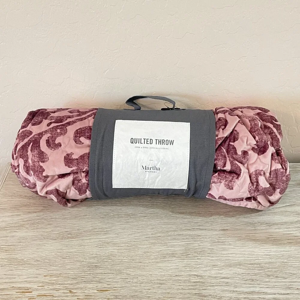 New Martha Stewart Quilted Throw Blanket Pink Burgundy Damask Velvet Macy's